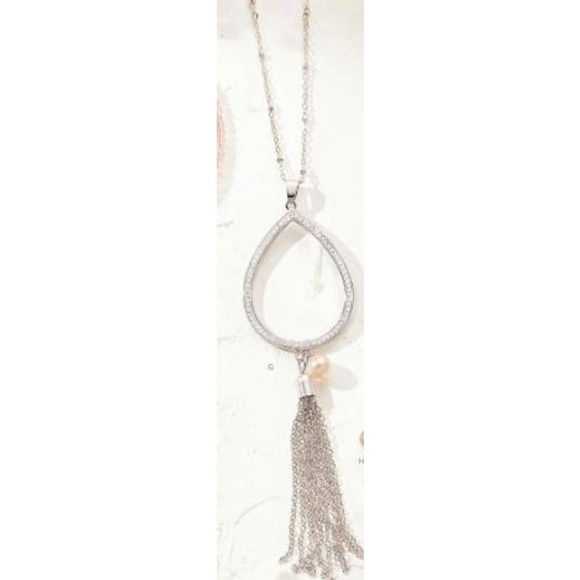 RARE Vantel Pearls Silver Teardrop Tassel Necklace White 7 - Picture 1 of 3